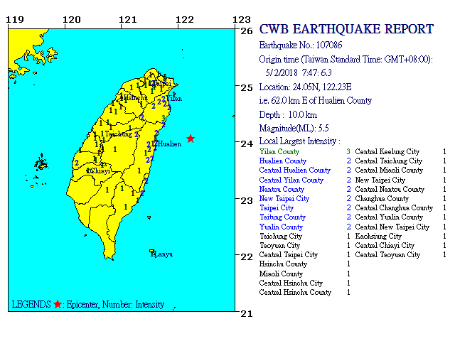 Un séisme de 5,5 touche l'Est de Taiwan