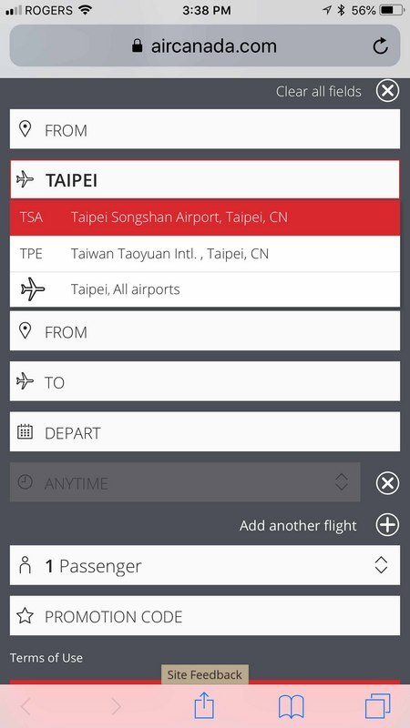 Air Canada liste Taipei comme partie de la Chine