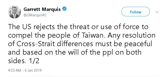 La diplomatie taiwanaise salue les propos de Garrett Marquis