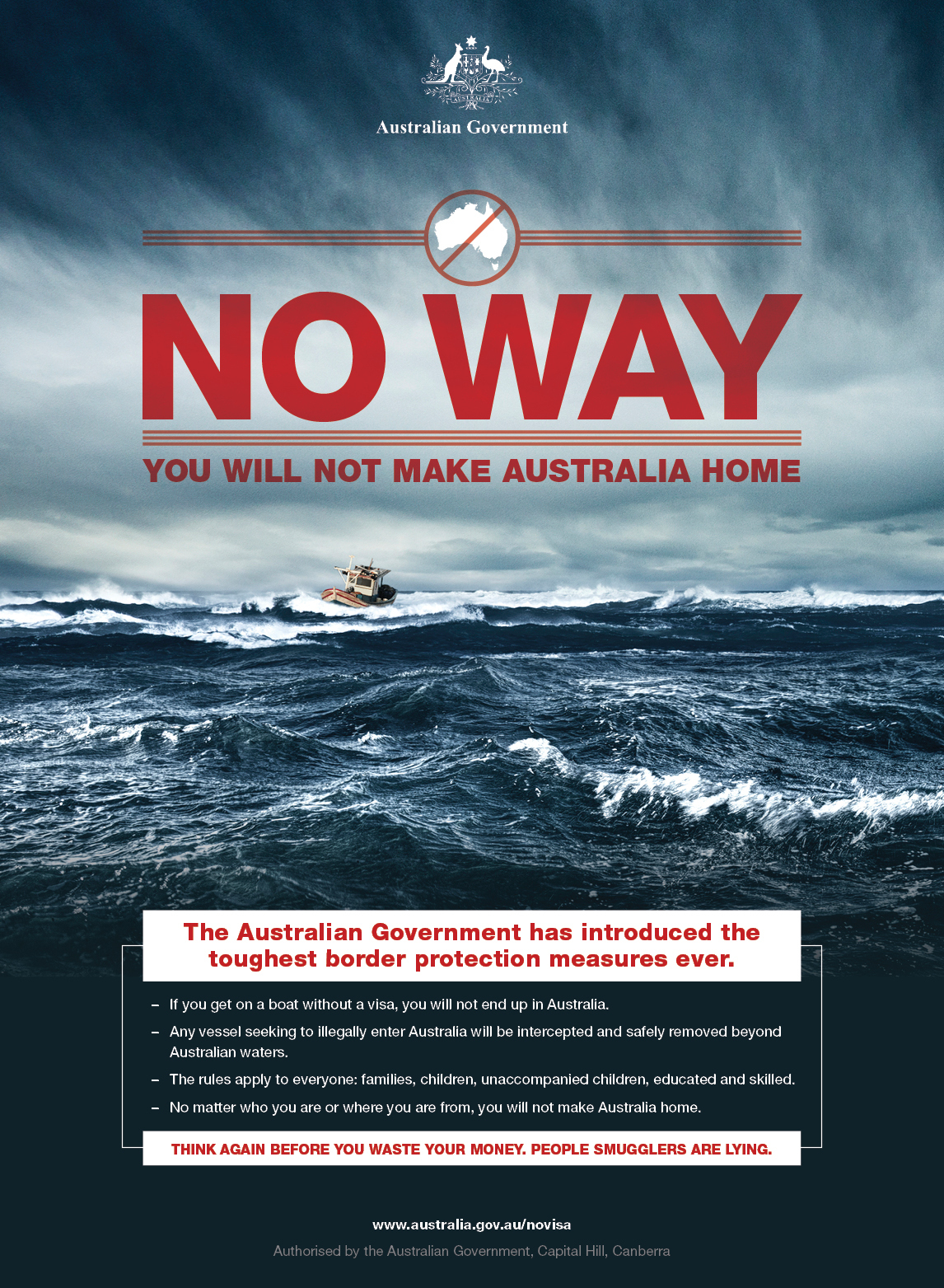 Affiche gouvernementale australienne de dissuasion contre l’immigration clandestine (Image : Wikimedia – Australian Customs and Border Protection Services)