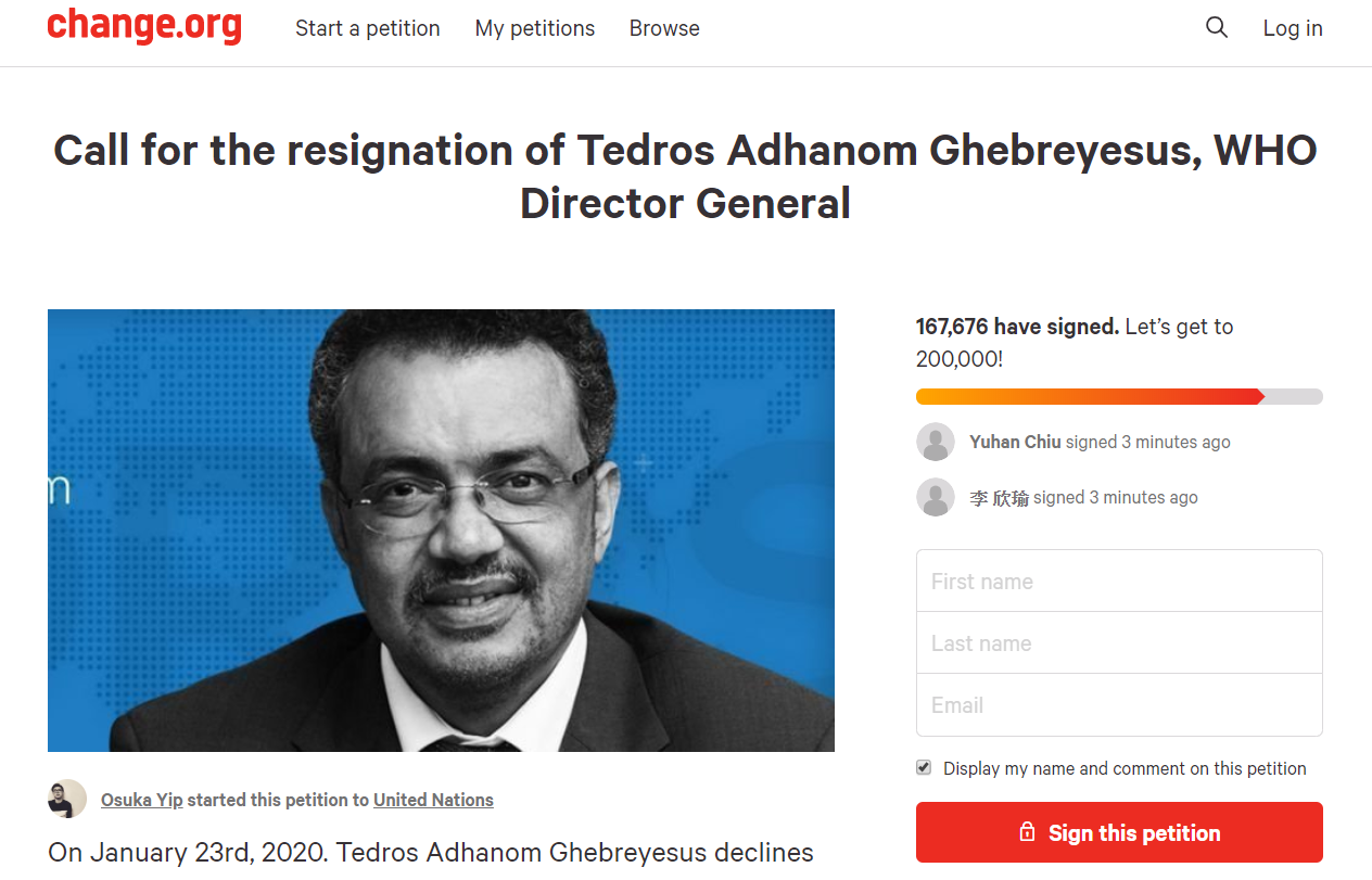 La pétition pour la démission du président de l’OMS atteint les 170 000 signatures en trois jours