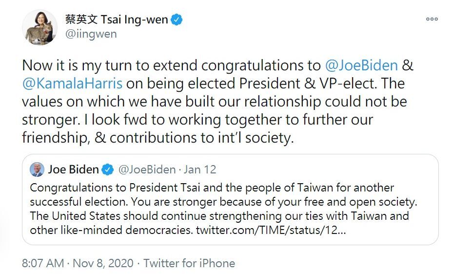 Tsai Ing-wen félicite le nouveau président américain