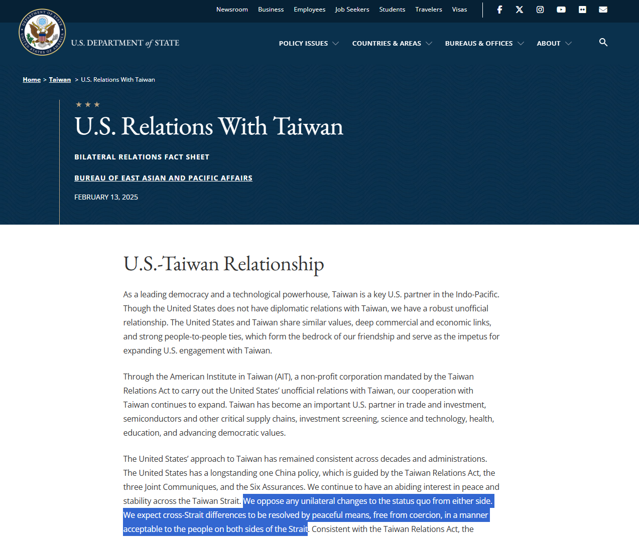 Le département d’Etat américain modifie sur son site le texte concernant l’indépendance de Taïwan